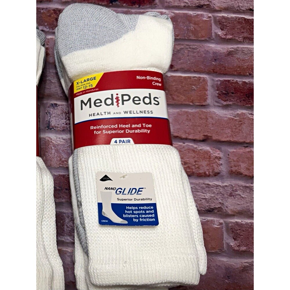 MediPeds Non-Binding Crew Socks Reinforced Toe/Heel White/Gray 4pr XL